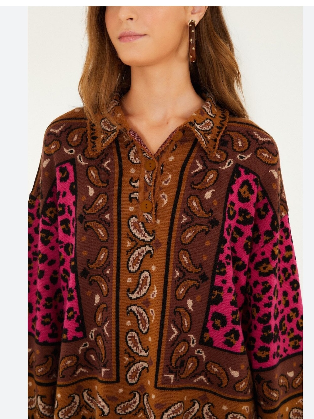 FARM Rio Brown & Hot Pink Paisley Leopard scarf polo sweater